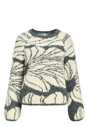 Tröjor/Koftor - Objjuline knit pullover – Dark grey melan/white sand
