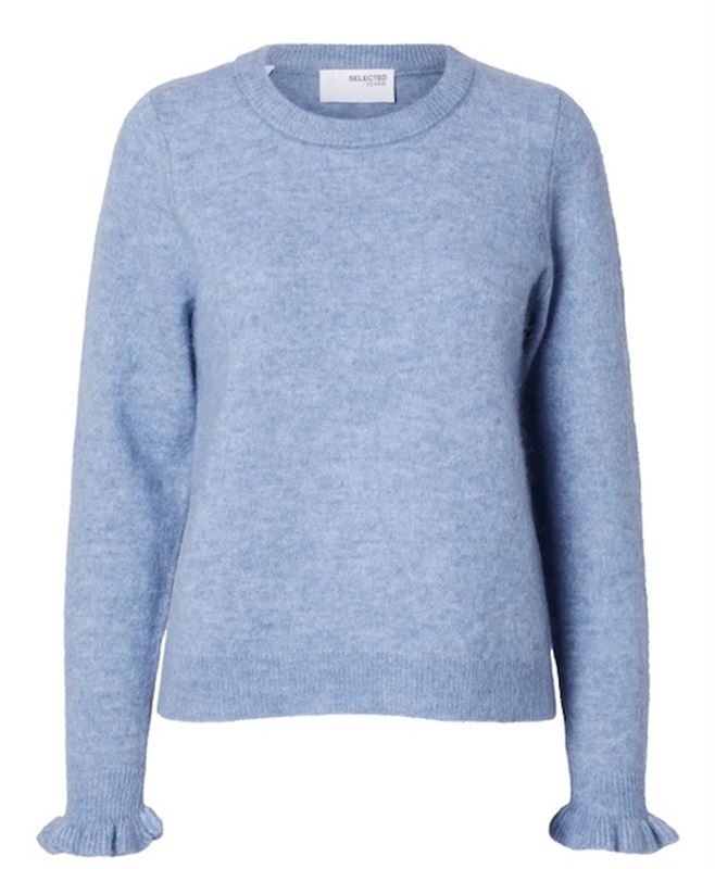 Tröjor/koftor - Slflulu knit frill cuff o-neck – Cashmere Blue/Melange