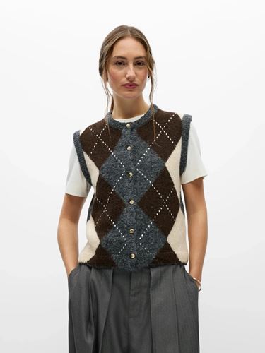Tröjor/Koftor - Objbrenda knit vest cardigan – Medium grey mel/Seal brown