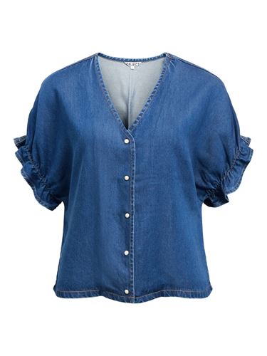 Toppar - Objframe 2/4 V-neck Top – Medium Blue Denim